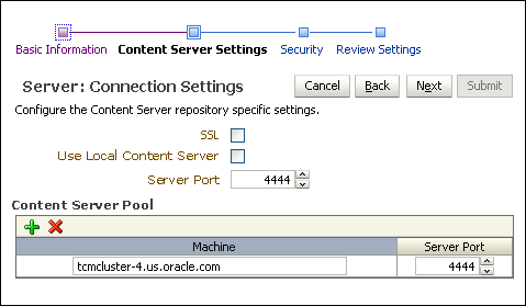 Connection Content Server Settings page Connection Content Server Settings page