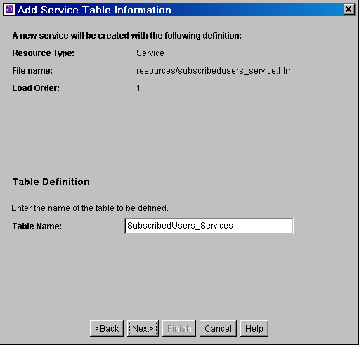 Add Service Table Information screen Add Service Table Information screen