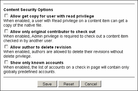 Admin Server Content Security Options screen Admin Server Content Security Options screen