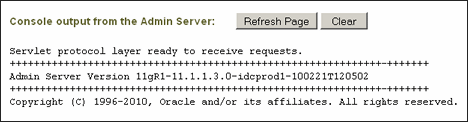 Admin Server Output page Admin Server Output page