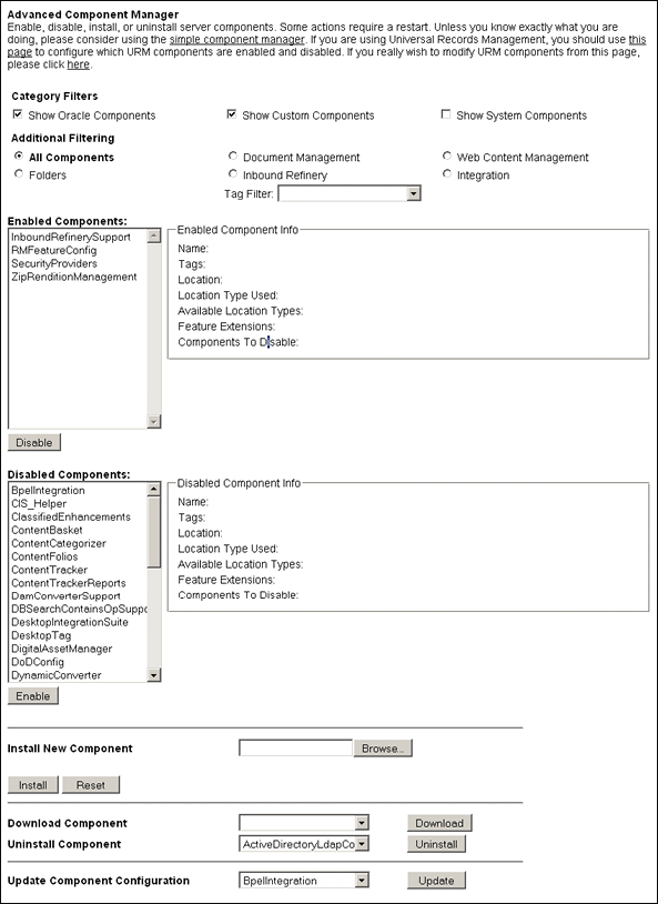 Advanced Component Manager screen. Advanced Component Manager screen.