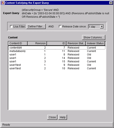 Content Satisfying the Export Query screen. Content Satisfying the Export Query screen.