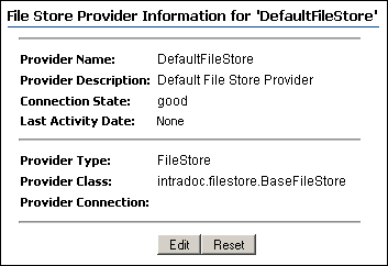 File Store Provider Information screen File Store Provider Information screen