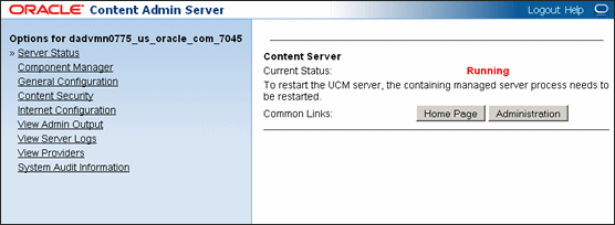 Content Admin Server Status screen Content Admin Server Status screen