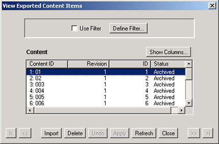 View Exported Content Items screen. View Exported Content Items screen.