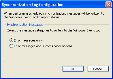 Synchronization Log Configuration dialog Synchronization Log Configuration dialog