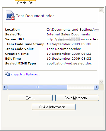 Oracle IRM properties tab Oracle IRM properties tab