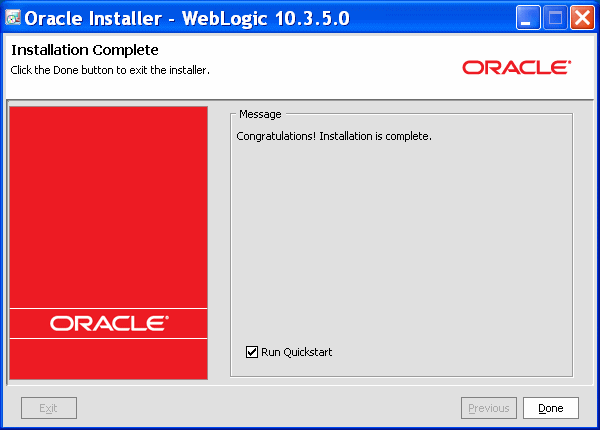 WebLogic Server Installer Installation Complete screen WebLogic Server Installer Installation Complete screen