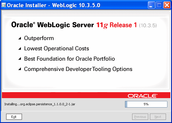 WebLogic Server Installer Status screen WebLogic Server Installer Status screen