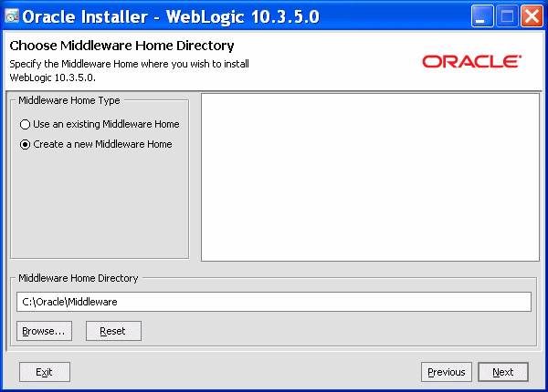 Oracle Middleware Home Directory screen Oracle Middleware Home Directory screen
