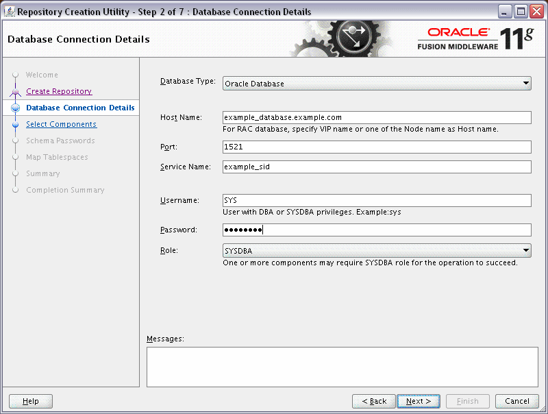 rcu database connection details screen rcu database connection details screen