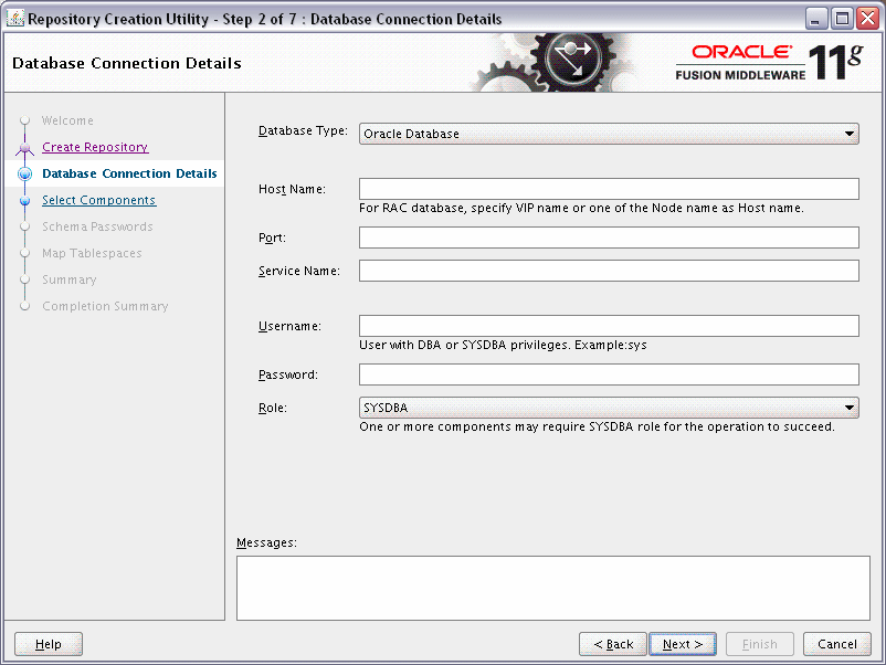 rcu database connection details screen rcu database connection details screen