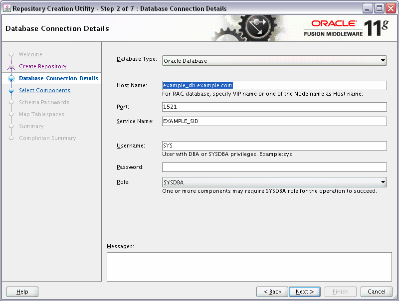rcu database connection details screen rcu database connection details screen