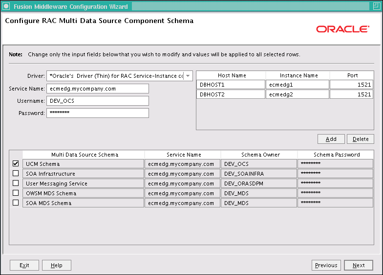 Configure RAC Multi Data Source Component Schema screen Configure RAC Multi Data Source Component Schema screen