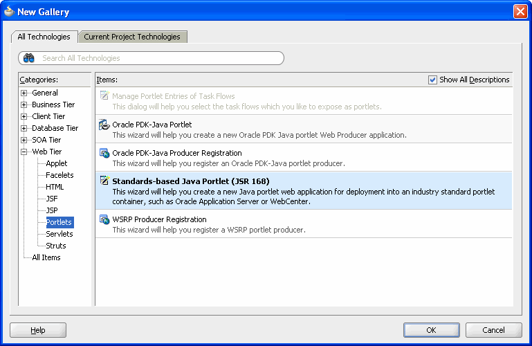 Shows New dialog box with Web Tier expanded. Shows New dialog box with Web Tier expanded.