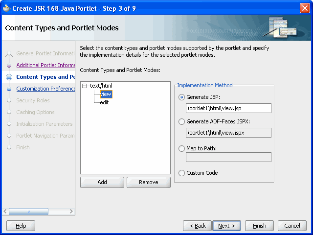 Shows Content Types and Portlet Modes page. Shows Content Types and Portlet Modes page.