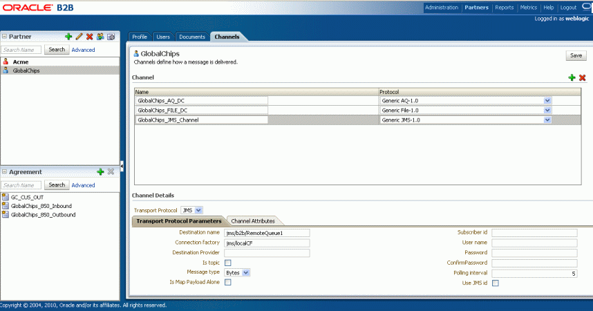 Creating a JMS Channel in the B2B User Interface Creating a JMS Channel in the B2B User Interface