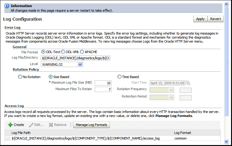 Log configuration screen Log configuration screen