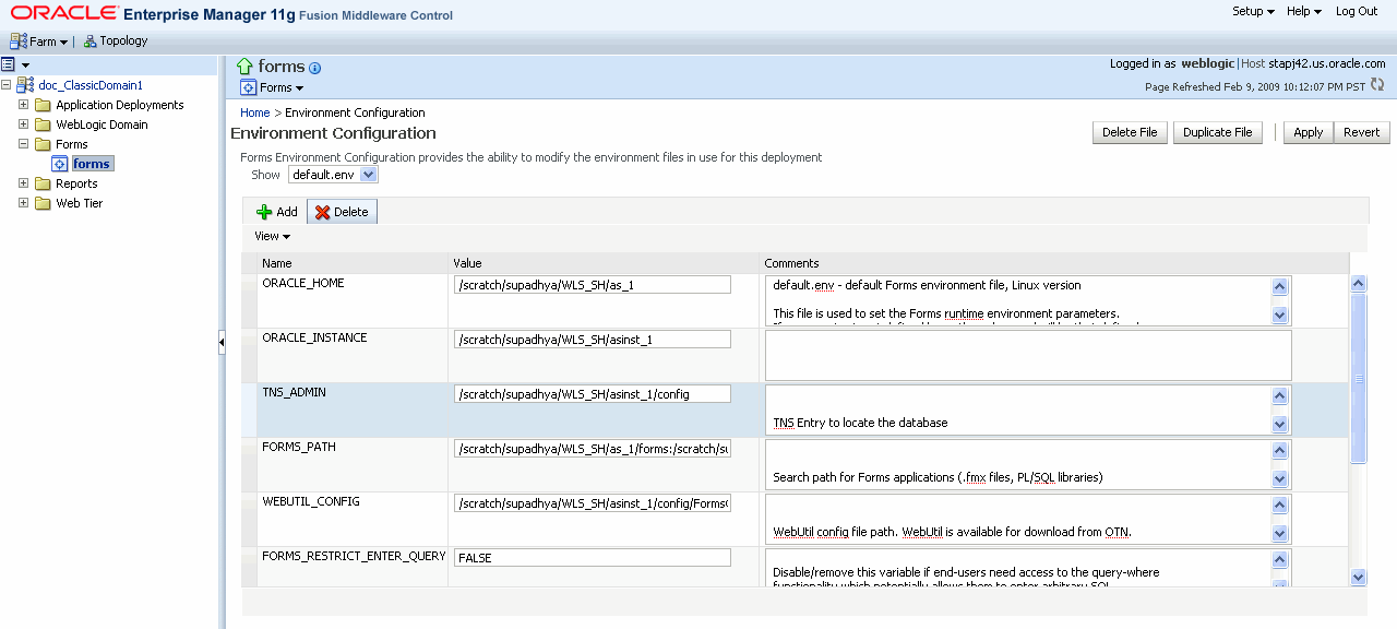 Environment Configuration page Environment Configuration page