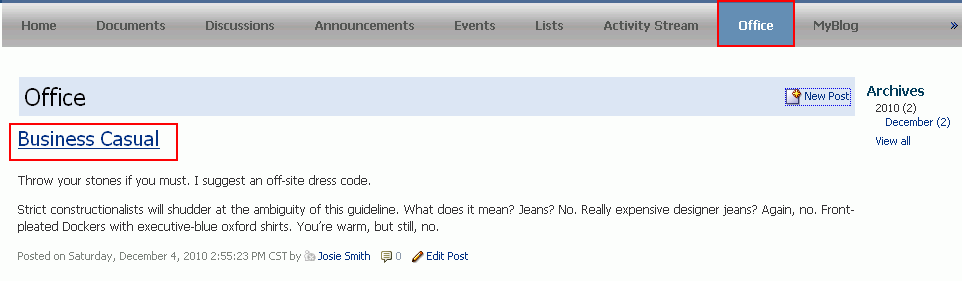 Opening a blog post from Blog page style mode Opening a blog post from Blog page style mode