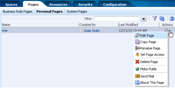 Page Actions menu on Personal Pages subpage Page Actions menu on Personal Pages subpage
