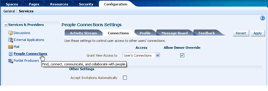 Configuration settings for People Connections service Configuration settings for People Connections service