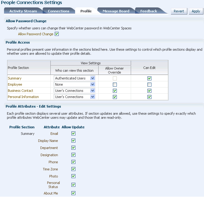 Configuration settings for Profile Configuration settings for Profile