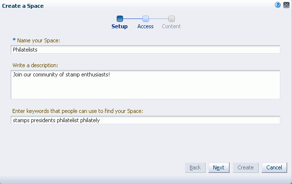 Create a Space Dialog Create a Space Dialog