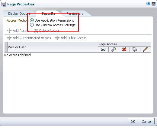 Security tab for a Space page Security tab for a Space page