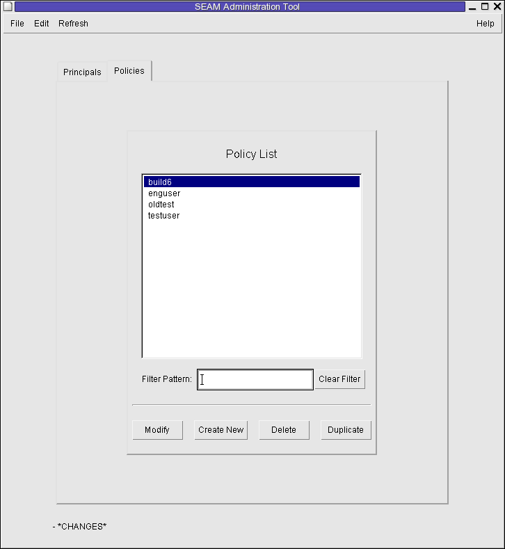 Dialog box titled SEAM Tool shows a list of policies and a policy filter. Shows Modify, Create New, Delete, and Duplicate buttons. image:Dialog box titled SEAM Tool shows a list of policies and a policy filter. Shows Modify, Create New, Delete, and Duplicate buttons.