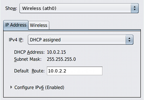 Graphic of the Connection Properties view, with the IP address tab in the foreground. image:Graphic of the Connection Properties view, with the IP address tab in the foreground.