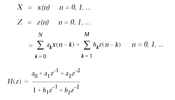 Equation that represents the biquad IIR filtering. image:Equation that represents the biquad IIR filtering.