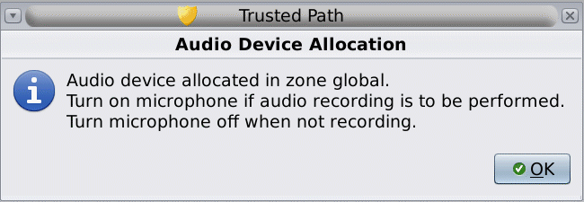 Graphic shows the dialog box that tells the user to turn off the microphone when not in use. image:Graphic shows the dialog box that tells the user to turn off the microphone when not in use.