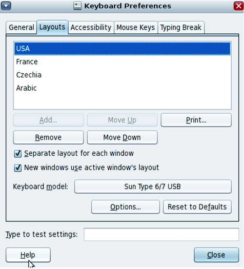GNOME Keyboard Preferences image:GNOME Keyboard Preferences