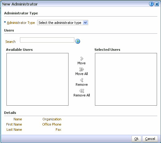 New Administrator dialog New Administrator dialog