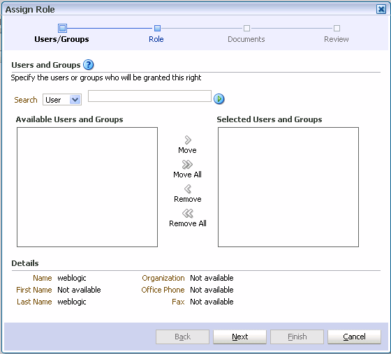 Assign Role wizard, Users and Groups page Assign Role wizard, Users and Groups page