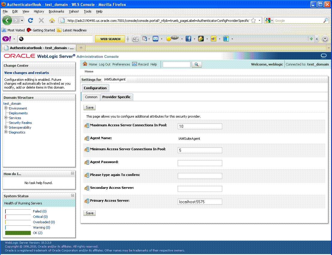 IAMSuiteAgent Configuration, WebLogic Console IAMSuiteAgent Configuration, WebLogic Console