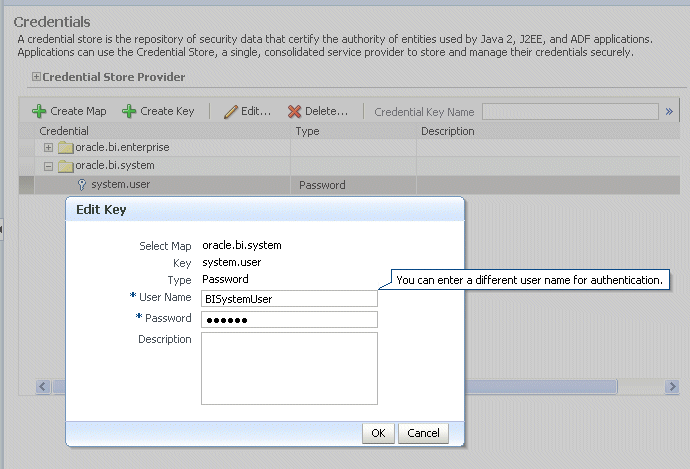 Entering BISystemUser credentials in the Edit Key dialog. Entering BISystemUser credentials in the Edit Key dialog.