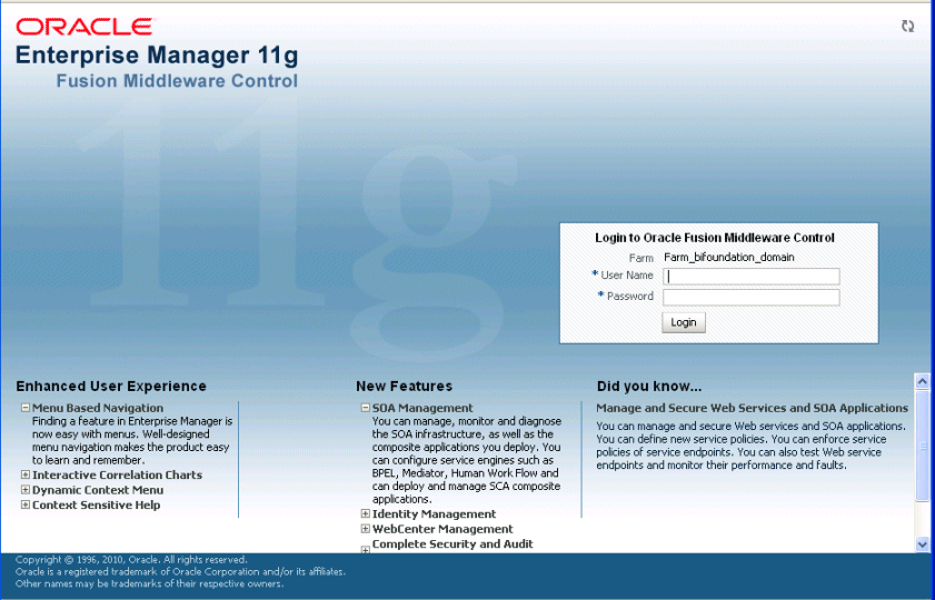 Fusion Middleware Control Login page. Fusion Middleware Control Login page.
