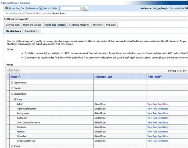 WLS console realm roles showing global roles. WLS console realm roles showing global roles.