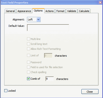 Text Field Properties Option tab Text Field Properties Option tab