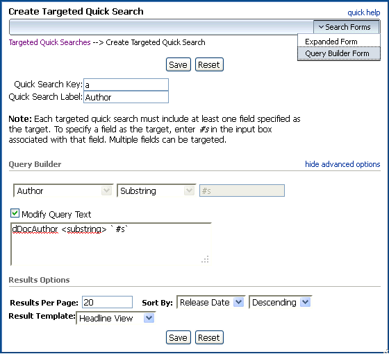 Quick Searches Page Quick Searches Page