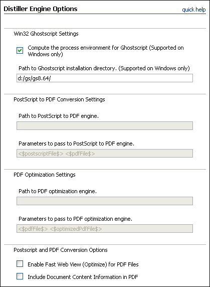 Distiller Engine Options page Distiller Engine Options page