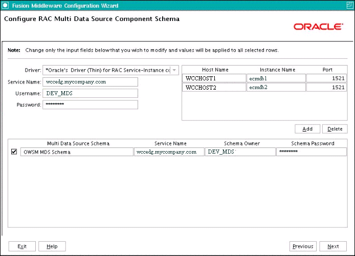 Configure RAC Multi Data Source Component Schema screen Configure RAC Multi Data Source Component Schema screen