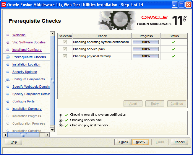 Prerequisite Checks screen Prerequisite Checks screen