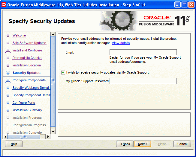 Specify Security Updates screen Specify Security Updates screen