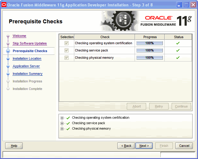 Prerequisite Checks screen Prerequisite Checks screen