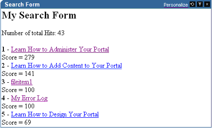 Search results displayed in a dynamic page portlet. Search results displayed in a dynamic page portlet.