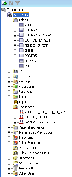 Viewing the SOADEMO schema in Oracle JDeveloper. Viewing the SOADEMO schema in Oracle JDeveloper.