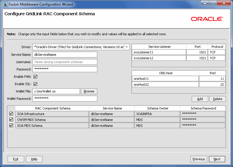 Configure GridLink RAC Component Schema screen Configure GridLink RAC Component Schema screen